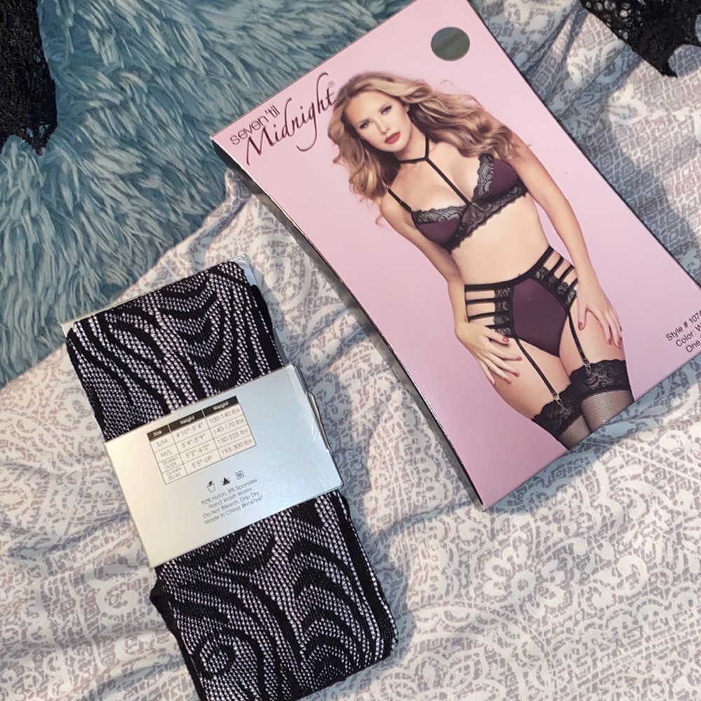 Three piece bra set  and fishnet lace tights